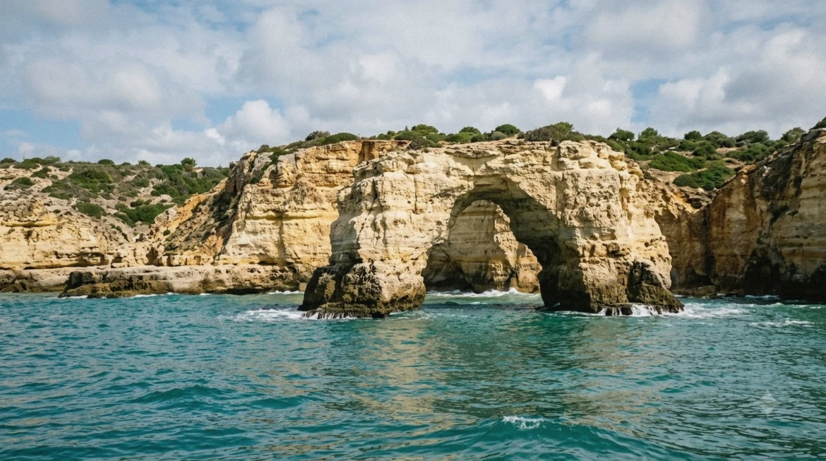 The Natural Arch of Albandeira standing in turquoise water below the Algarve cliffs, a landmark passed on a Benagil cave tour from Albufeira