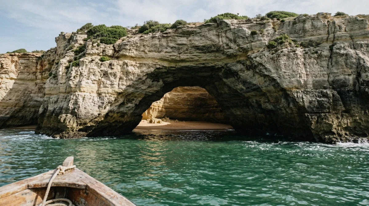 Sunlight falling through the roof opening of the Benagil sea cave with a boat inside, the highlight of the coastal things to do in Albufeira, Algarve