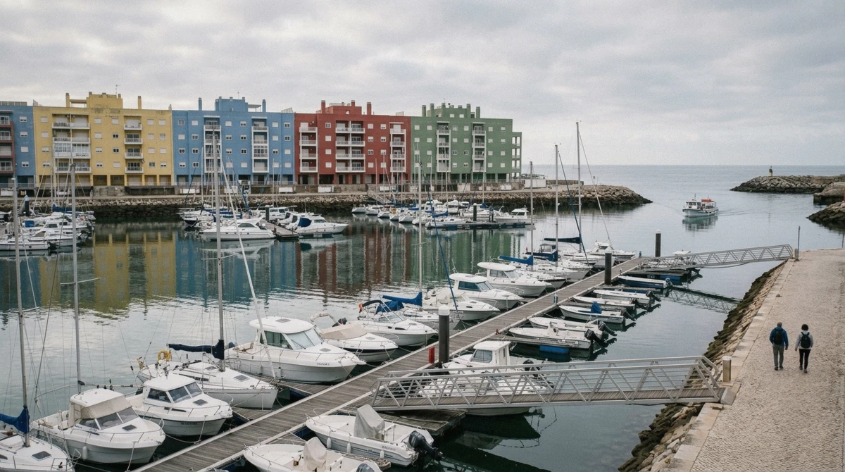 The colour-blocked apartment blocks of Marina de Albufeira, a quieter base in Albufeira than the Strip