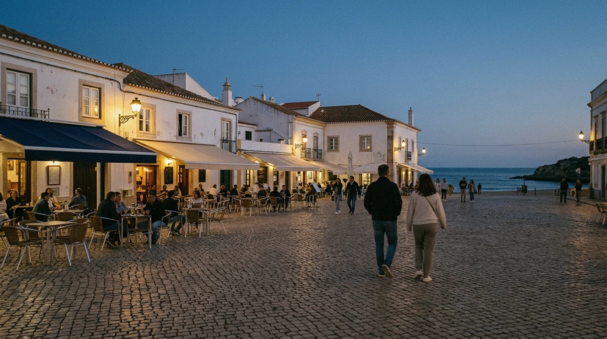 Cobbled main square Largo Engenheiro Duarte Pacheco in Albufeira Old Town with cafés under white facades in the evening