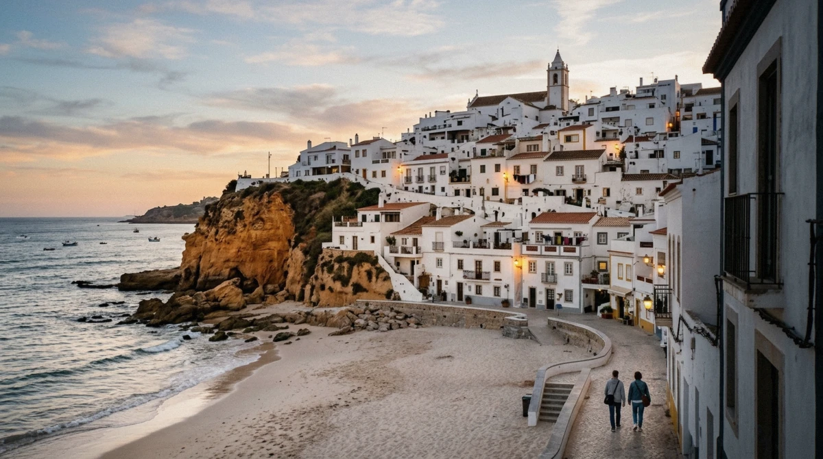 Albufeira's Old Town square with whitewashed houses and café terraces in the evening light, the calmer counterpart to Albufeira's nightlife strip