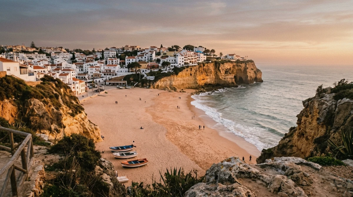 Fishing boats resting on the sand at Praia dos Pescadores below Albufeira's Old Town at sunset, one of the free things to do in Albufeira